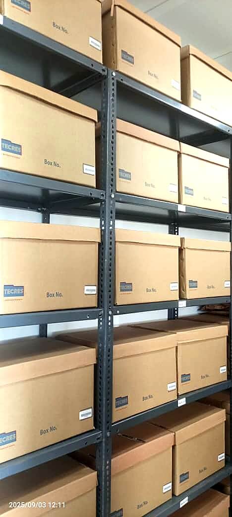 5-ply archive boxes stacked on industrial racking